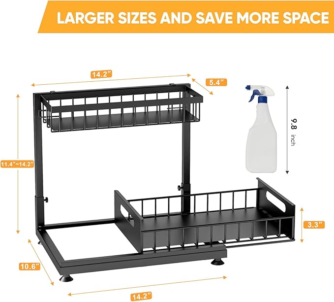2-Pack L-Shaped Under Sink Organizer, 2-Tier Pull-out Cabinet Rack | Black Height-Adjustable Steel Rack, Sliding Grid Drawers with PP Liners, Holds 100 Lbs, Suction Base, Ideal Kitchen Storage