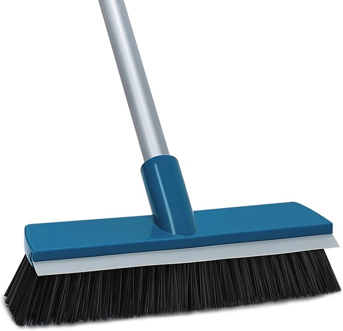 Stiff Bristle Deck Brushes for Scrubbing Heavy Duty with Rubber Scrape Squeegee, 55” Long Handle Scrub Brush for Bathroom Shower Carpet Outdoor Floor Cleaning (Head Size: 10.8”)