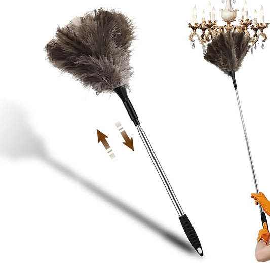 Ostrich Feather Duster, 18-48 Inch Extendable Feather Duster with Natural Fluffy Ostrich Feathers, Dusters for Cleaning Ceiling Fans, Blinds, High Ceilings, Furniture, Cars, Washable & Reusable