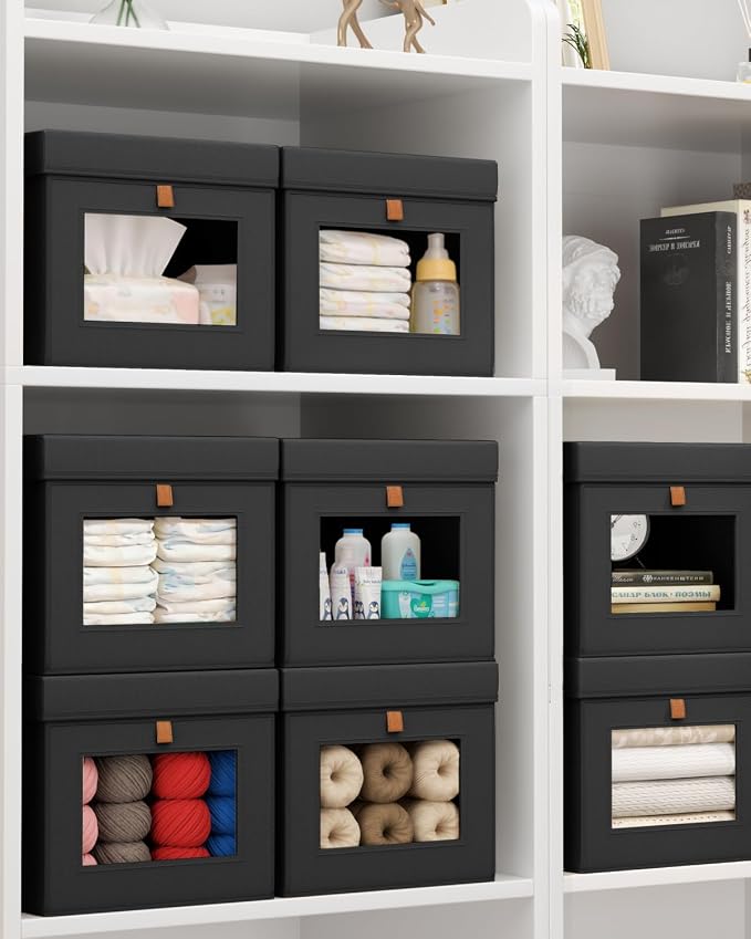 Storage Bins with Lid – Closet Organizer with Side Opening and Clear Window, Foldable Stackable Fabric Basket for Clothes, Home, Office - 13.77" x 11.8" x 9.8", 6 Pack, Black