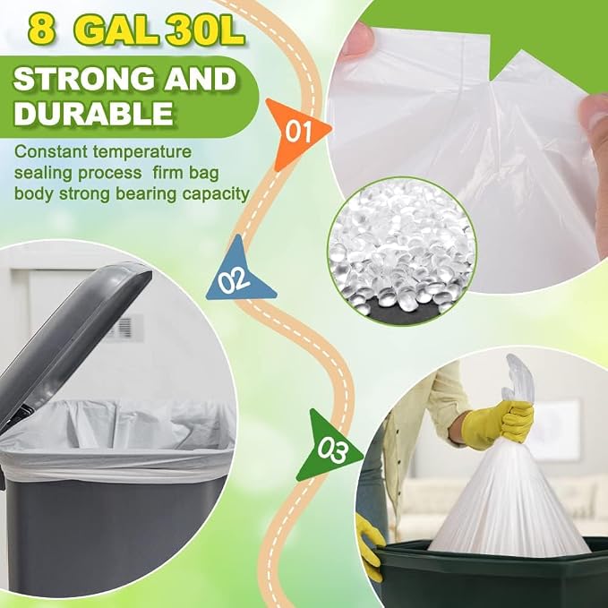 Medium Garbage Bags 8 Gallon /30 Liter Trash Bags Wastebasket Bin Liners Plastic Trash Bags for Bathroom Bedroom Office Trash Can 220 Count