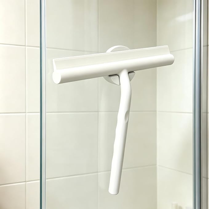 Shower Squeegee for Glass Doors, Full Silicone Jacketed Squeegee with Ergonomic Handle & No-Drill Hook, Cleaning Tool for Windows, Mirrors, Tiles, Bathroom & Car - White