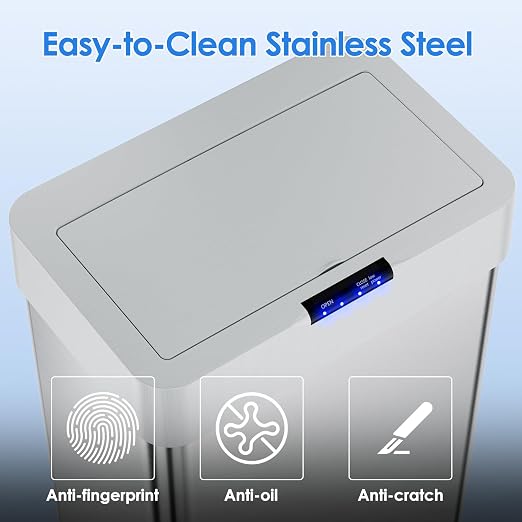 Sensor Trash Can, Touchless Motion Sensor Trash Bin | Smart Automatic Garbage Can with Soft-Close Lid, Bag Retainer Ring and Display Light, for Kitchen, Office (Silver, 13.2 Gal)