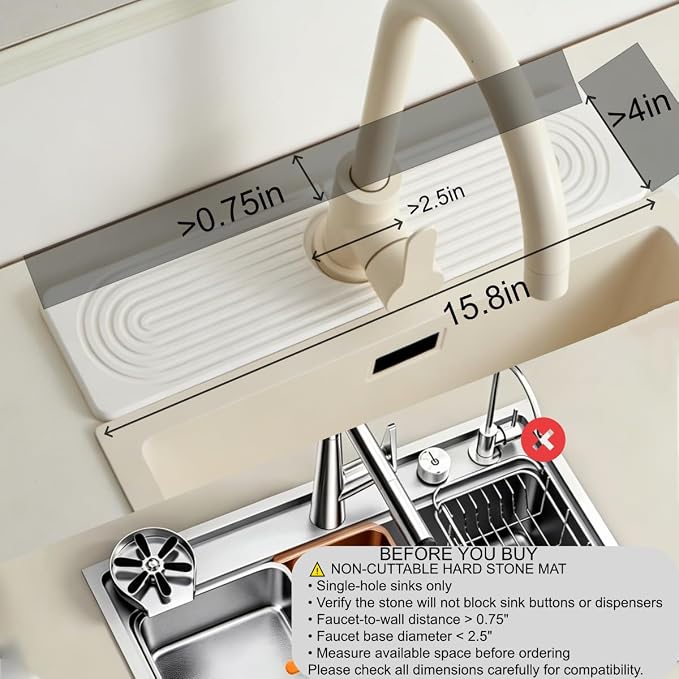 Stone Faucet Mat for Kitchen Sink, Faucet Mat Fast Drying Diatomite | Sink Splash Guard Water Absorbing Stone Tray for Sink, Counter Protector Matt for Kitchen & Bathroom
