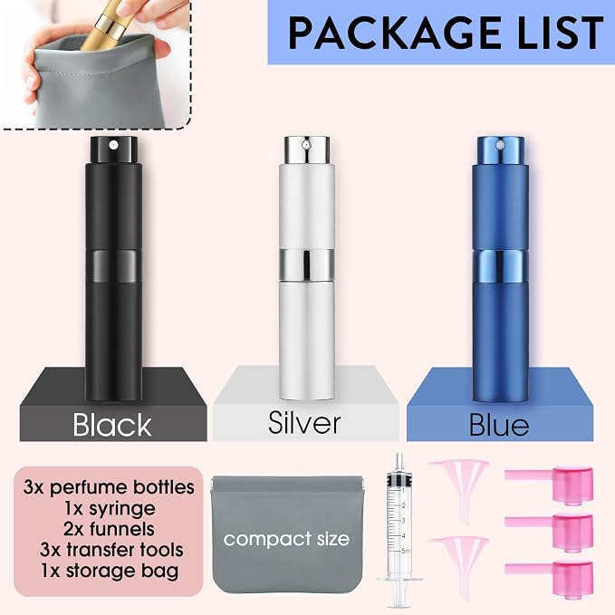 3 Pack 8ML Portable Atomizer Perfume Cologne (Black,Blue,Silver) | Travel Spray Bottle for Refill Empty Cologne Dispenser Mini Sprayer for Adults Twist Tpye