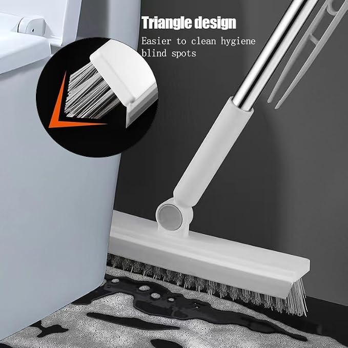3 in 1 Floor Scrub Brush with Squeegee,27.6–57” Adjustable Thickened Stainless Steel Long Handle,180° Rotatable V-Shape Stiff Grout Brush for Bathroom Tile,Patio,Garage,Swimming Pool,Deck Wall Clean