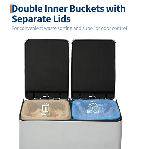 Dual Compartment Trash Can 40L (2x20L), Stainless Steel Recycling Bin with Removable Buckets, Soft Close Odor-Sealing Lid, Collapsible Pedal, Fingerprint Resistant for Home Kitchen or Office