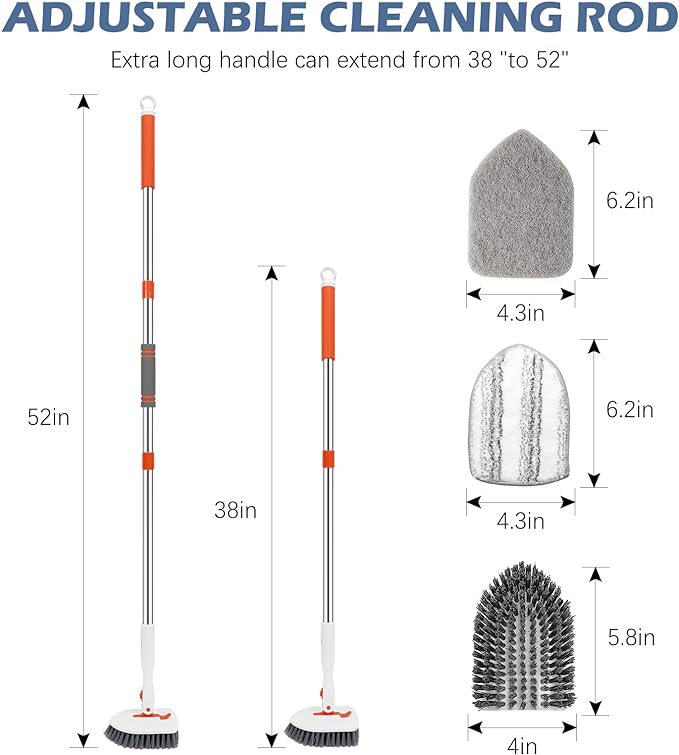 SetSail Tile Tub Scrubber Brush 3-in-1 Shower Scrubber with Long Handle | with 3 Detachable Replacement Brush Head, Multi-Angle Cleaning Locks at 45°, 90°, 180° for Bathroom Kitchen Walls Tub Tile
