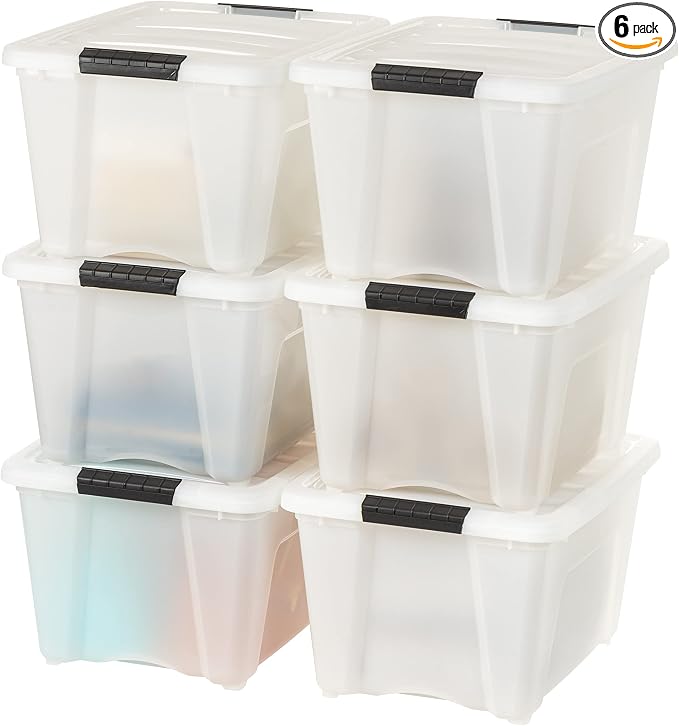 IRIS USA 6-Pack 32 Quart Storage Bins with Lids, Pearl | Conceals contents for a neat look, Ideal for linens, décor, closet essentials, and household supplies
