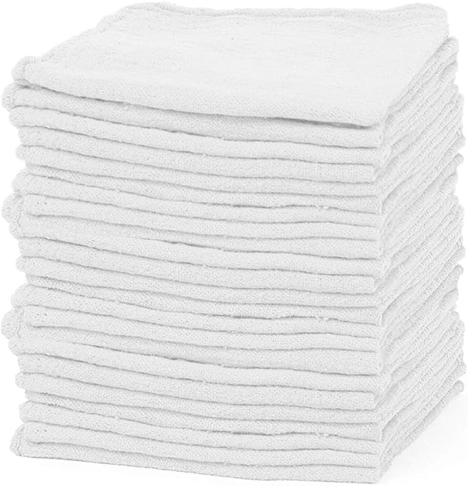 Shop Towels – Pack of 50 Reusable Cleaning Rags – Durable Quality Cotton – 13" x 13"– Machine Washable – Suitable for All Purposes (White)