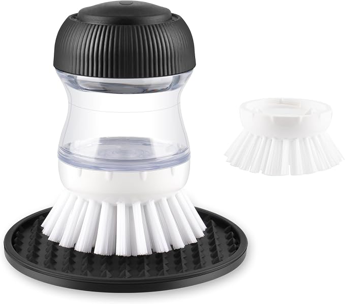 OYV Soap Dispensing Palm Brush Set | Includes Silicone Drip Tray, 1 Refill, Non-Scratch Nylon Bristles, Kitchen Dish Scrub Brush for Cleaning Pots, Pans, Sinks