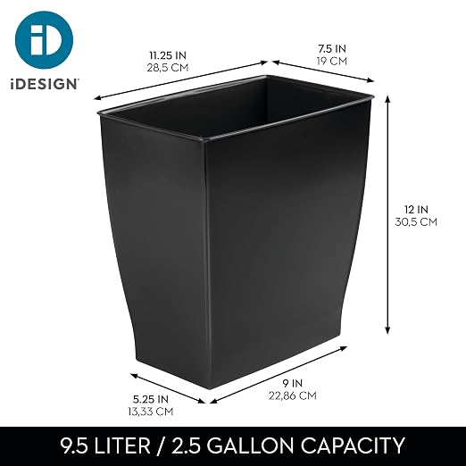 iDesign Small Plastic Bathroom Trash Can, Slim Rectangle, 2-Pack, Black | Garbage Bin for Bedroom, Office, Dorm