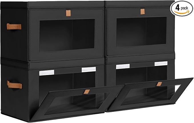 Homsorout Collapsible Storage Bins - Large Stackable Organizer Bins, Decorative Boxes with Handles & Window, Fabric Containers for Living Room, Closet, Dorm, 4 Pack, Black