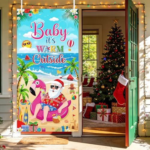 Tropical Christmas Party Decorations - Baby It's Warm Outside Door Cover Decor, Summer Santa in July Large Front Door Backdrop Banner Supplies Decor for Home Office, 3x6 Ft