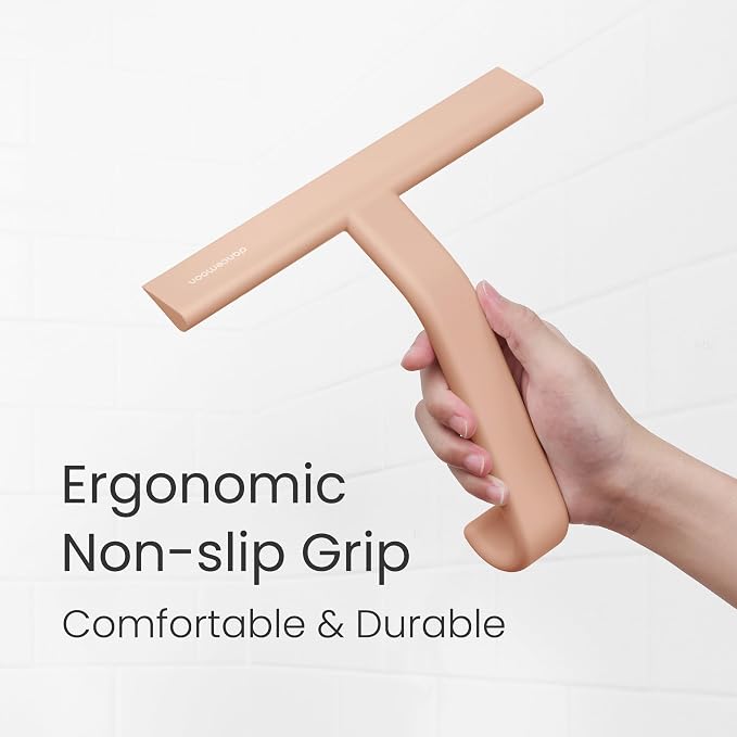 JustHang Shower Squeegee with Built-in Hook, 10-Inch Terracotta | Award-Winning Design, All-One-Piece Soft-Touch Silicone, for Glass Door, Bathroom, Window, Mirror, Tile Wall, Car