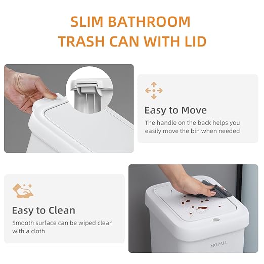 MOPALL 1.9 Gallon Small Bathroom Trash Can with Lid | Dual Opening Lid with Push Top & Foot Pedal, Hidden Inner Storage, Soft Close Design, Space-Saving for Bathroom & Under Sink