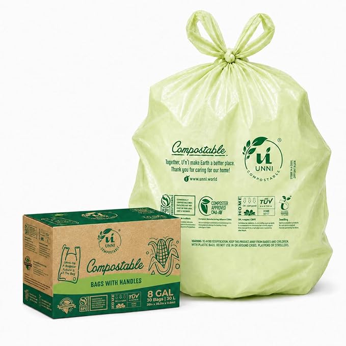 UNNI 8 Gallon Compostable Bags with Easy-Tie Handles, 30 Liter, 30 Count | Medium Compost Bags for Food Scrap Bins & Organic Kitchen Waste, Certified by BPI, CMA & OK compost HOME, Meets ASTM D6400