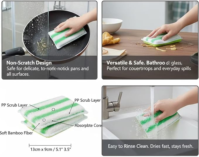Scrub Sponges for Dishes, Non-Scratch Scrubbing Sponges for Kitchen - Dual-Sided Scouring Pads for Heavy Duty Cleaning - Sustainable Cellulose & Durable Fiber (6Pack)