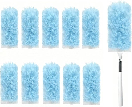 Heavy Duty Duster Refills, Disposable Dusters Kit for Cleaning Dusting Furniture Blind Ceiling Fan, Multi Surface 360 Feather Duster(10)+3FT Extended Handle（1） (Blue)