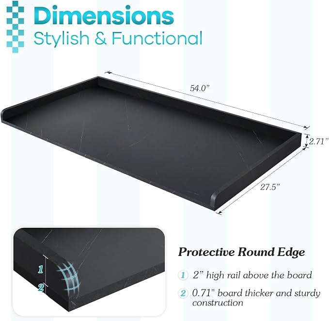 Washer Dryer Countertop, Melamine Countertop with Edge Rails - 27.5" Depth x 54" Width Laundry Room Organization, Cloud Atlas/Black Marble Pattern