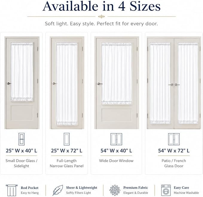 Aquazolax Glass Door Curtain Panel Elegant Soild Rod Pocket Sheer Voile Panels 54x40-Inch for French Doors Windows with Tieback - 1 Panel, White