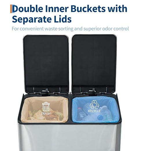 Dual Compartment Trash Can 60L (2x30L), Stainless Steel Recycling Bin with Removable Buckets, Soft Close Odor-Sealing Lid, Collapsible Pedal, Fingerprint Resistant for Home Kitchen or Office