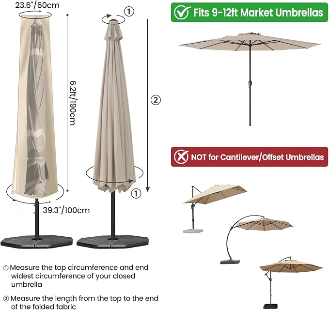 OKPOW Patio Umbrella Cover Waterproof: Fit 9ft to 12ft Outdoor Umbrellas | 420D Oxford with Long Zipper, Protect Umbrella from Sun, Rain, Snow & Dust, Helping Extend Outdoor Umbrella's Life (3 Pack)
