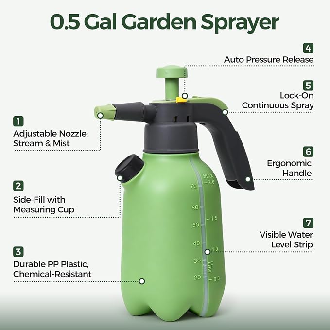 T4U Pump Sprayer 0.5 Gallon, Garden Spray Bottle with Short Nozzle | Hand pressure sprayer with adjustable brass nozzle for plant watering, lawn care, fertilizing, pest control and home cleaning