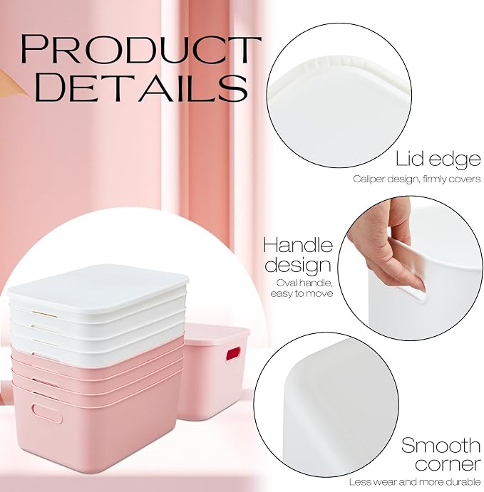Hoolerry 8 Pack Storage Bins, 13.8 X 9.8 X 5.9 Inch White and Pink | Plastic Stackable Containers with Lid Handle, For Shelves Desktop Playroom Office, Organizing Toys Books Supplies Storage