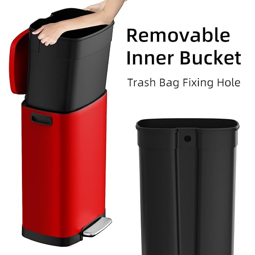 KUK 13 Gallon Kitchen Trash Can with Lid, 50L/13Gal Office Step Garbage Can for Home, Kitchen, Laundry Room, Office, Brushed Stainless Steel, Red