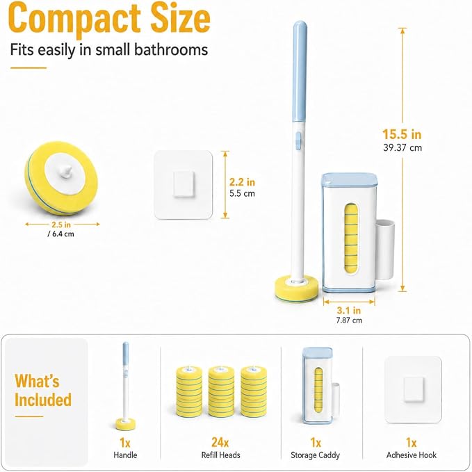 Disposable Toilet Bowl Cleaner Wand and Holder Set, Wall-Mounted | Hands Free Toilet Scrubber Wand, Bathroom Cleaning Supplies, 1 Wand and 1 Holder with 24 Yellow Refills, Light Lemon Scent
