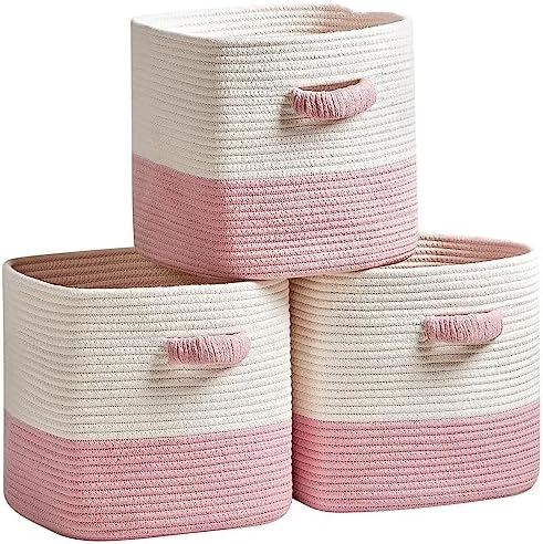 R RUNKA Storage Cube Baskets for Organizing 11 inch-3 Pack- Square Baskets for Cube Storage, Closet Storage Bins - Woven Cube Storage Bins for Shelves- Cube Drawer- Ideal for Toy Storage White & Pink