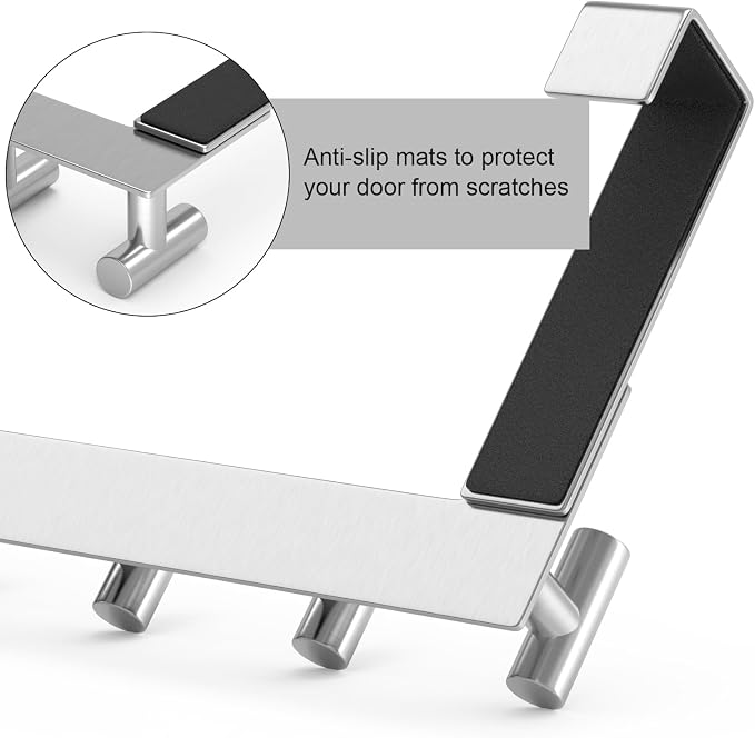 PMMASTO Door Hanger for 1-3/4 Inch Doors, Silver- 5 Hooks, T Shape | Stainless Steel Door Hooks Organize Coats Towels Robes in Bathrooms Bedrooms Closets