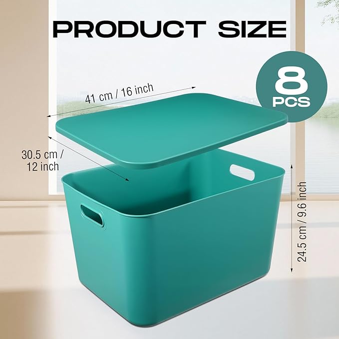 Hoolerry 8 Pack Storage Bins, 16.1 X 12.0 X 9.7 Inch Green | Plastic Stackable Containers with Lid Handle, For Shelves Desktop Playroom Office, Organizing Toys Books Supplies Storage