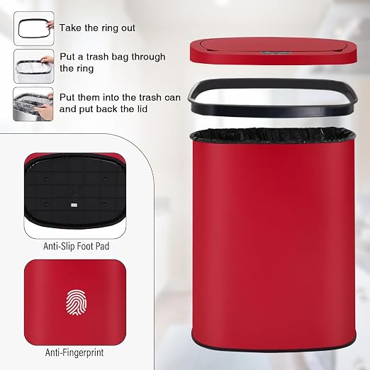 PayLessHere | 13 Gallon Stainless Steel Trash Can | Red | Automatic Touchless Lid with Motion Sensor | Kitchen Garbage Can with Waterproof Design | for Home, Office, Bathroom | Pack of 1