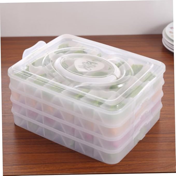 Luxshiny Dumpling Storage Box Four Layer PP Organizer with 18 Grids | Portable Handle, Food Preservation, Odor Separation, Camping and Housekeeping Use, Stackable Design, Four Trays