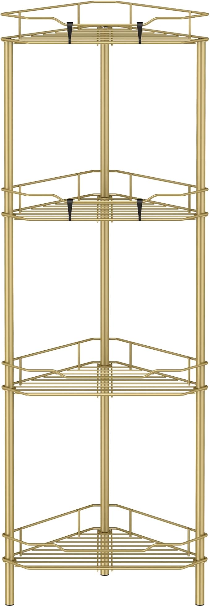 HuggieGems Metal Floor Standing Corner Shower Caddy, Gold, 4 Tier | Adhesive Bathroom Organizer Shelves, Free Standing Shower Rack with Hooks, Hold Large Shampoo Bottles