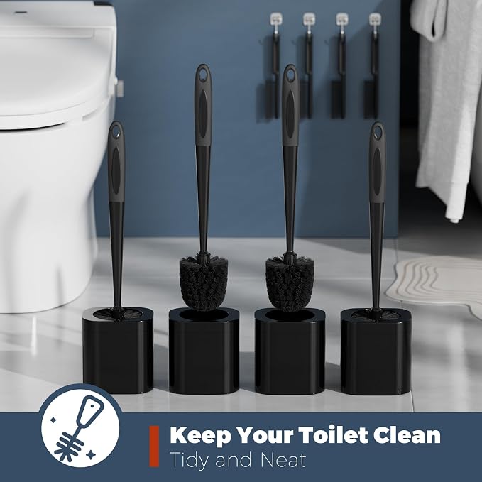 Holaloha Toilet Brush and Holder Set, Space Saving, 4 Pack, Black | Bathroom Accessories, Ergonomic Silicone Handle, Dense Bristles, Deep Cleaning, with 4 Crevice Brushes, Compact Design