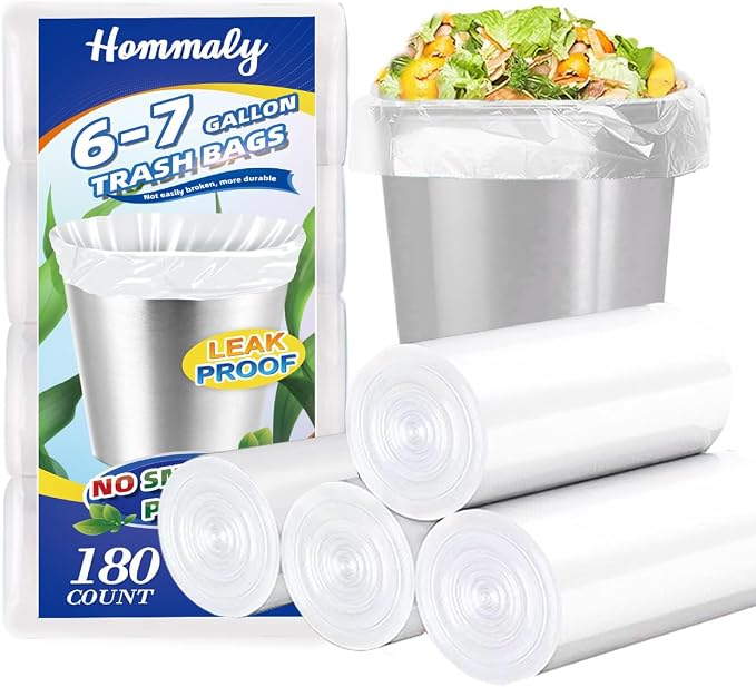 Hommaly 6-7 Gallon 180 pcs Clear Trash Bags Strong Clear Garbage Bags, Bathroom Trash Can Bin Liners, Plastic Bags for Office, Fit 6 gallon,7 gallon Waste Basket Liner 5,6,7 Gal(6-7G180-Clear)