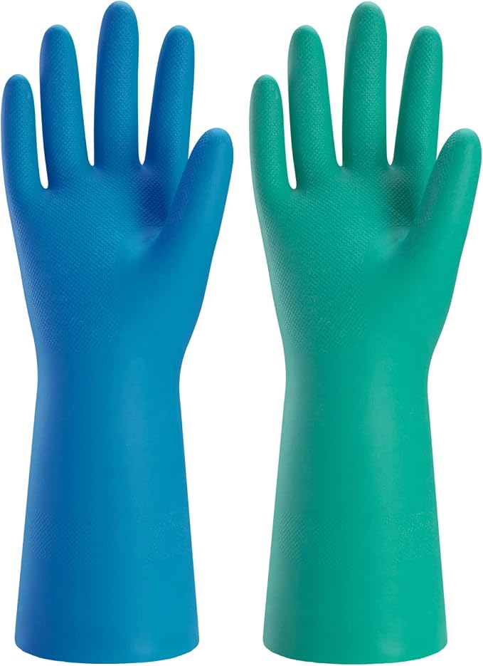 Bamllum 2 Pairs Reusable Kitchen Gloves for Washing Dishes - Nitrile Rubber Dishwashing Gloves, Reusable Household Cleaning Gloves, Flexible Durable & Non-Slip (Large, Green+Blue)