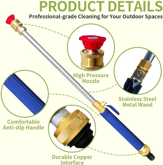 High Pressure Hose Nozzle for Garden Hose,Leak-Free Jet Wand with 5 Nozzles | Heavy Duty Brass Water Jet Nozzle for Car Wash, Patio, Driveway, Lawn & Garden Cleaning with Leak-Free Design
