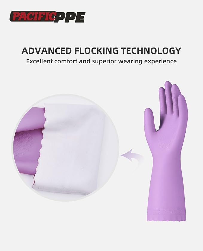4 Pairs Dishwashing Gloves, Cotton Flocked Liner, Purple, Small | Waterproof dishwashing gloves with non-slip grip, soft cotton lining, flexible fit for kitchen, bathroom, laundry & cleaning