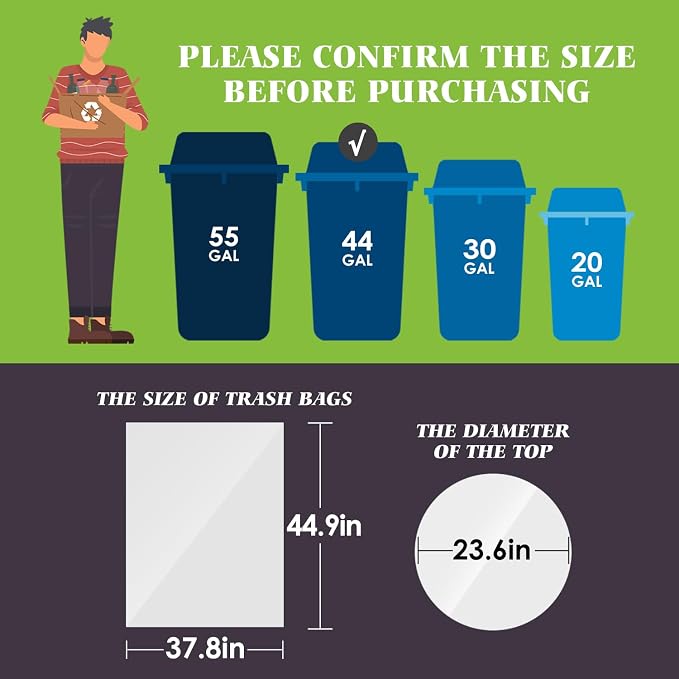Teivio Large Clear Trash Bags 40-45 Gallon 20 Count 40+ Gal Garbage Bags | Fit 35,39,40,42,45Gal,Extra Lawn And Leaf Bags Outdoor Yard Workshops Plastic Bins Can Liners for Office Car Commercial Waste