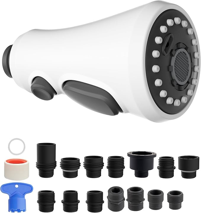Hibbent Pull Down Spray Head for Kitchen Faucet, 3-Function Spray Nozzle | NSF/ANSI/CAN 61/372 & cUPC Certified Sink Faucet Head Replacement, 15 Adapters, Compatible with Moen, Delta, Kohler, White