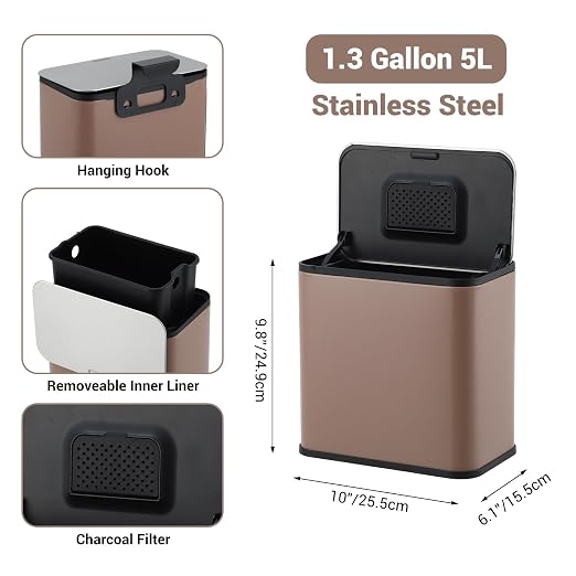 1.3 Gallon/5L Stainless Steel Step Trash Can, Soft Close Garbage Bin with Detachable Inner Bucket,Fingerprint Resistant,Dual-Use Waste & Recycling Container for Home Kitchen, Bathroom and Office
