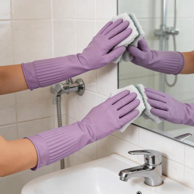 Household Cleaning 18inch Kitchen Dishwashing Rubber Gloves | Red Long Sleeved Heavy-duty Waterproof gloves, household kitchen dishwashing, Long cuffs, Reusable, Non slip
