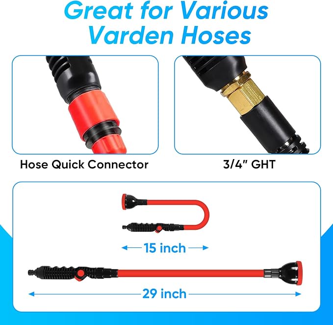 2 in 1 Bendable Watering Wand Heavy Duty for Garden/Car Cleaning | Use with 10 Spray Patterns, 29In Long Hose Nozzle Sprayer, Fits 3/4” Quick Coupling/Garden Hoses