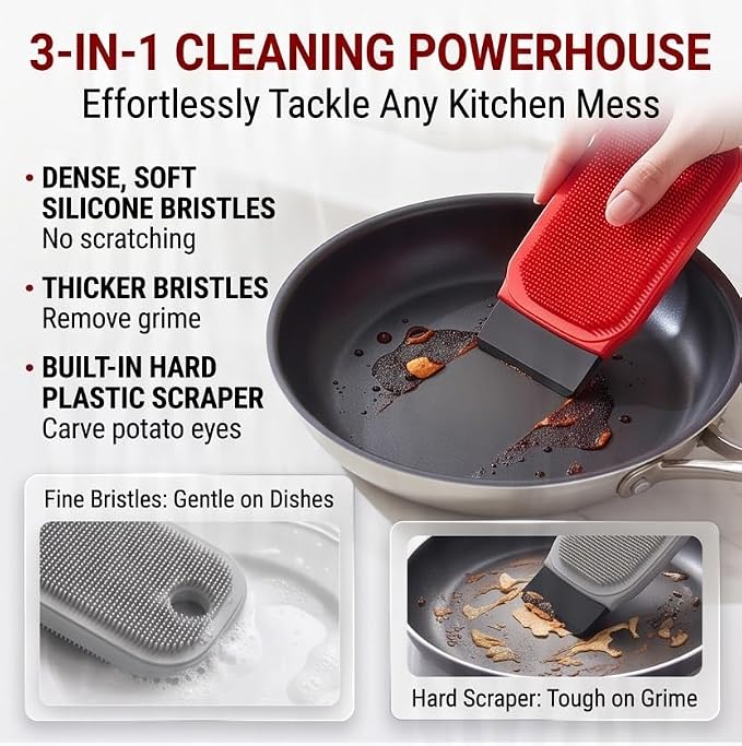 3-in-1 Silicone Dish Sponge-Food-Grade BPA-Free Cleaning Brush with Dual-Sided Comb&Scraper,Hanging Hole for Easy Storage,Fast-Dry Reusable Kitchen Gadget for Dishes/Fruits/Vegetables (Grey 1PCS)