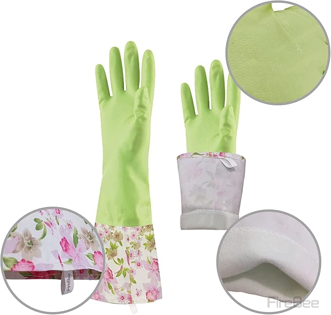 Rubber Latex Waterproof Dishwashing Gloves,Long Cuff and Flock Lining Household Cleaning Gloves 2 Pair