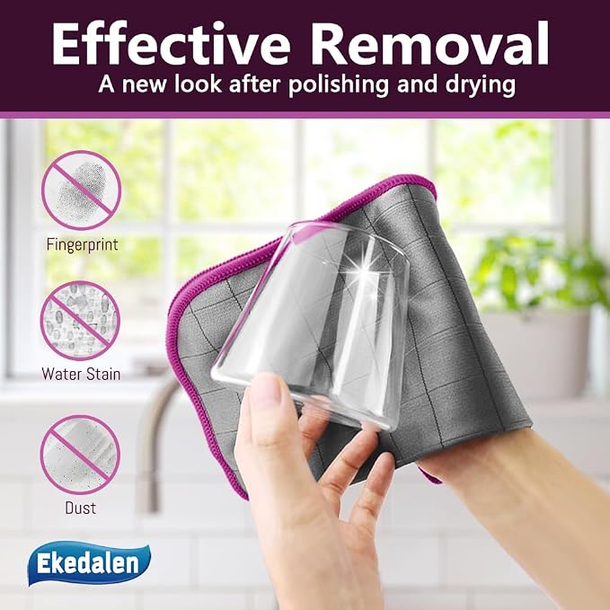 Microfiber Cleaning Cloth Lint Free Glass Polish, Purple-Dark Grey | 400GSM Carbon Fiber Cloth for Glass Window Mirror Kitchen, Streak Free, Auto Detailing Easy Clean, 16 x12 in, 6 Pcak